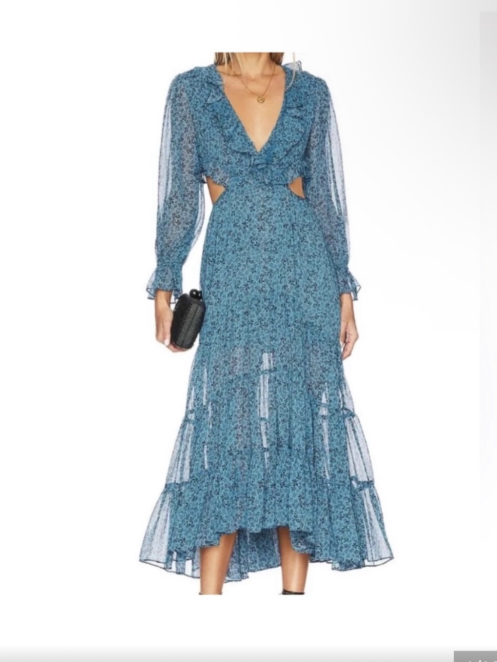 NWT Misa Los Angeles La Amelia Teal-Blue Floral V-Neck Ruffle Maxi Dress